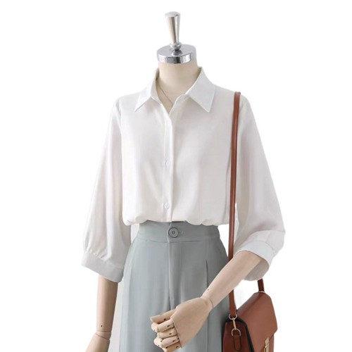 Fashionable Womens Lapel Shirt with Three Quarter Sleeves in Solid Colors - Picture 10 of 24