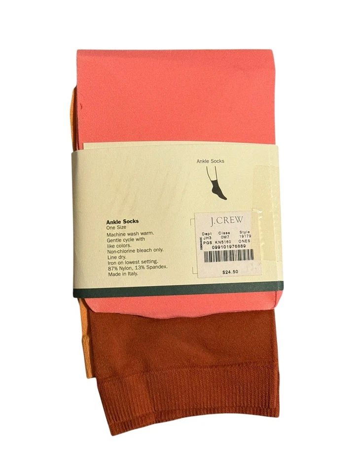 NUEVO 3 Pares De Colección J.Crew Elastizados Nylon Calcetines al Tobillo Para Mujer Marrón Naranja Rosa Italia Foto 3 de 4