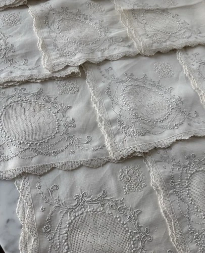 12 Antique Linen Napkins Appenzell Embroidery Point de Venise Lace Monogram GCB