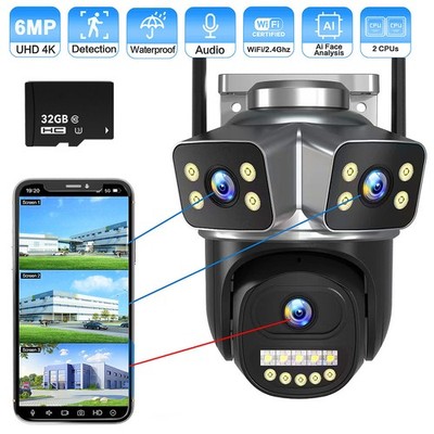 6MP 3Lens 1080P HD Home Security Camera WiFi Outdoor Camera CCTV PTZ IR Cam US