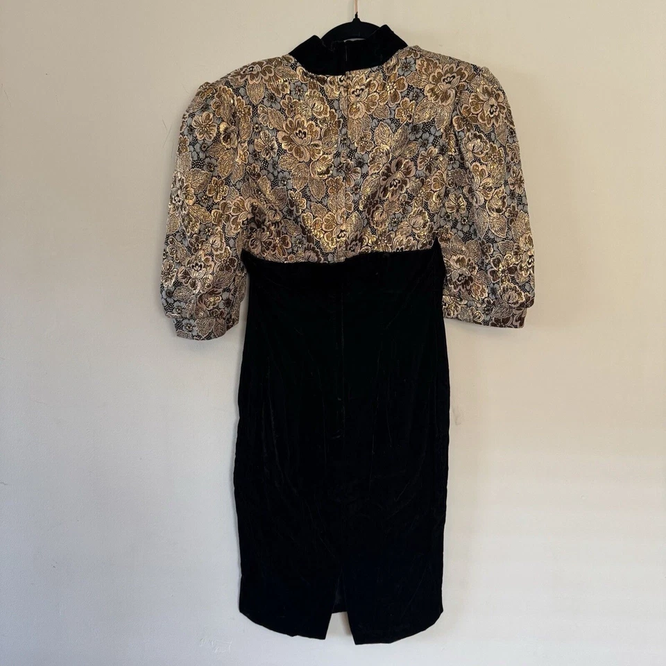 Vestido de Fiesta Jacquard Dorado Terciopelo Negro Años 80 JESSICA MCCLINTOCK Fiesta Bling Foto 4 de 4
