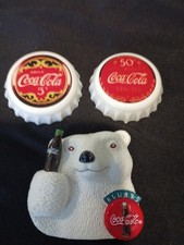 Vintage 1996 Coca-Cola Magnets Set of 3-1 50th Anny, 1 5 Cent Bottletop, 1 Bear
