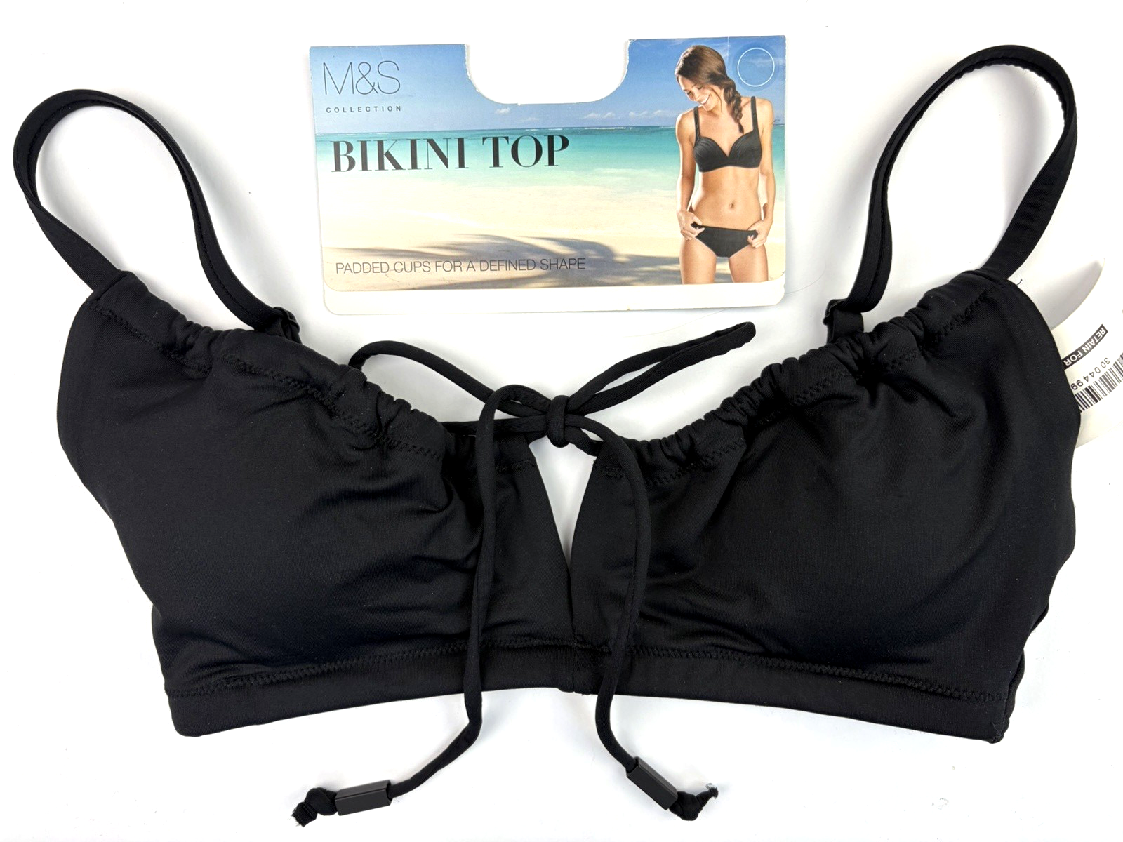 Marks & Spencer Padded Plunge with Tie Bikini Top UK 8 Solid Black BNWT