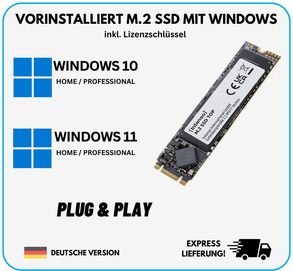 INTENSO M.2 SSD Festplatte mit vorinstallierten Windows 10 Windows 11 für PC Laptop