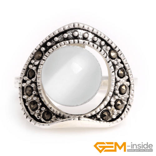 Natural Gemstone Charms Rings Jewelry Tibetan Silver Marcasite Women Gift 6#-8# - Picture 40 of 43