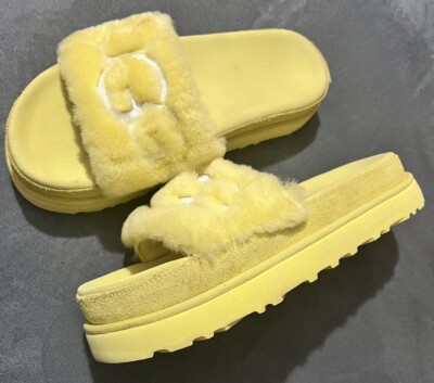 Ugg 1111236 Fur Slides Yellow Platform Stacks Plush Sz Sandals