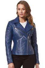 Ladies Real Leather jacket blue Designer Motorcycle Lambskin Biker Style 9334