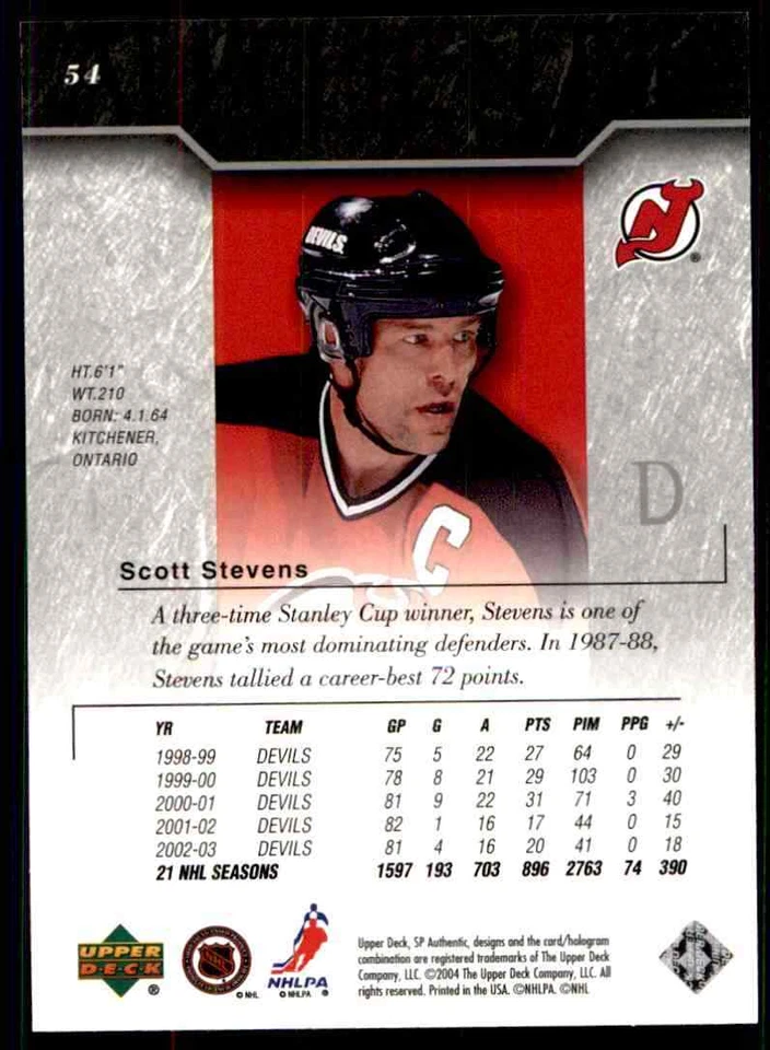 2003-04 SP Authentic Scott Stevens #54 - Image 2 of 2