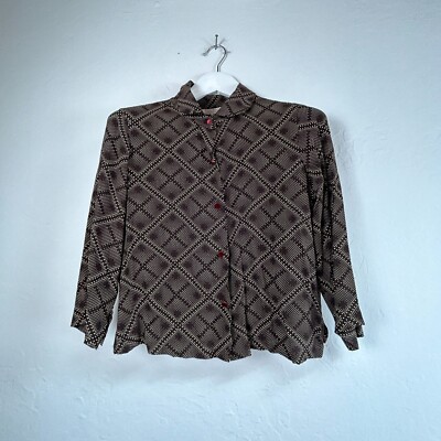 Basic Threads Santa Monica Womens Brown White Dots Geo Blouse Small Button Up