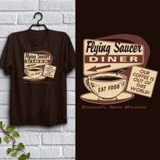 Adult Unisex T-Shirt, Flying Saucer Diner, Brown 100% Cotton S - XXL