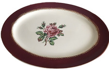 Stetson Pink Rose Floral 13.5 " Platter 22 Kt. Gold Burgandy White Burgandy M39