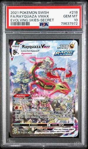 2021 POKEMON FA/RAYQUAZA VMAX-SECRET SWORD & SHIELD EVOLVING SKIES #218 PSA 10