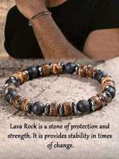 Men’s Volcanic Lava Rock & Wood Bead Bracelet – Natural Grounding Energy,...