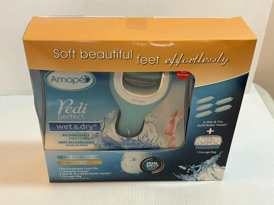NEW Amope Pedi Perfect Wet & Dry Rechargeable Foot File w 5 Refill Rollers Bag - Image 2 of 4