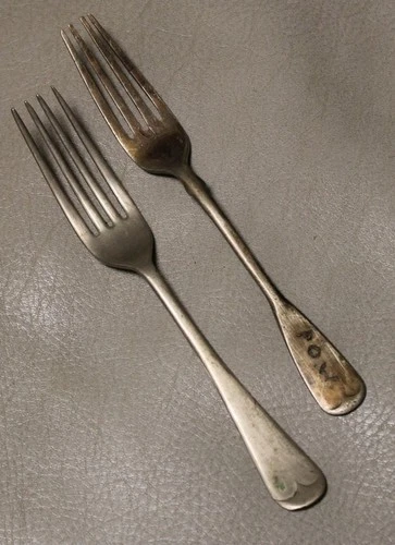 2X RARE WW1 WW2 BRITISH MESS HALL FORK  GERMAN POW SOLDIER BRING BACK