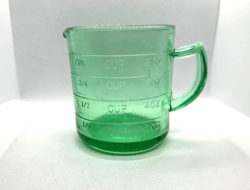 VTG Cream Dove Brand  Peanut butter  Salad Dressing Green Glass  Measuring Cup
