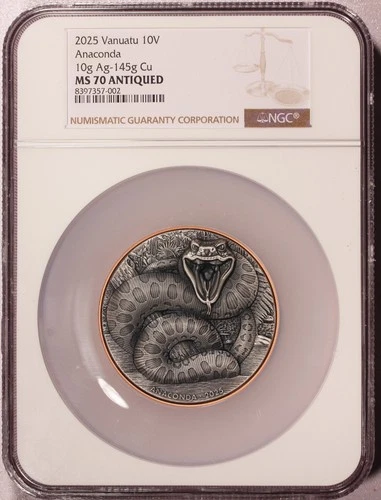 2025 Vanuatu Double Silver Giant Anaconda 10g Silver 145g Copper Coin NGC MS 70
