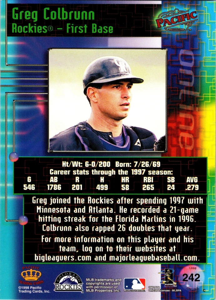 1998 Pacific Online #242 Greg Colbrunn - Image 2 of 2