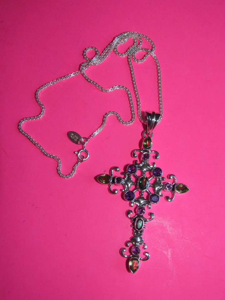 NICKY BUTLER CROSS PERIDOT AMETHYST MULTIGEMSTONE SILVER PENDANT NECKLACE MG - Image 4 of 4