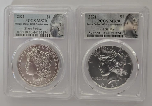 2021 MORGAN & PEACE SILVER DOLLAR PCGS MS70 FIRST STRIKE SET w/ MORGAN LABEL
