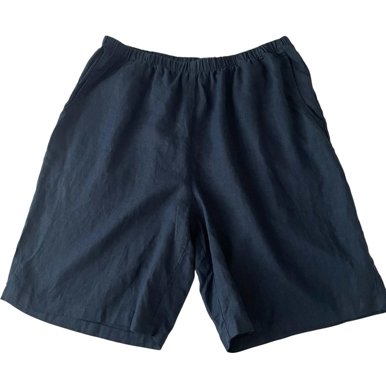 FLAX Women’s Size Large Navy Blue Shorts Elastic Waist 100% Linen Casual Pockets