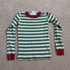 Hanna Andersson Green White Striped Red Cuffs Holiday Pajama Shirt 8 130 cm
