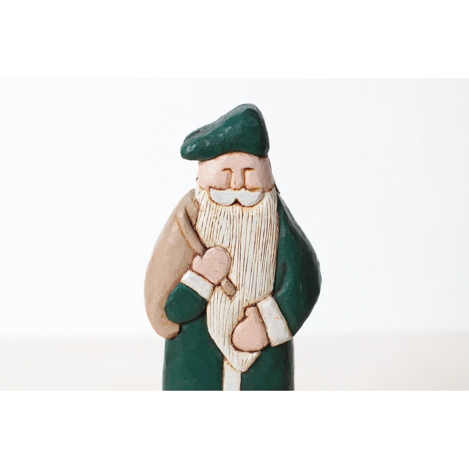 Figura de Papá Noel de madera tallada a mano de colección con abrigo verde, arte popular firmado Foto 3 de 4