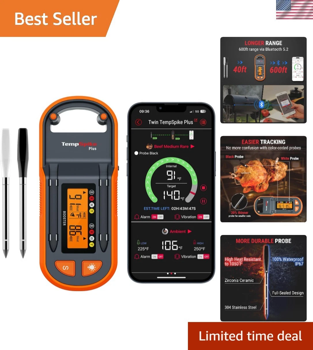 Durable 600ft Bluetooth Meat Thermometer for Grilling & Smoking with Rating