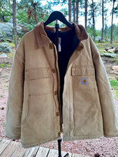 Distressed Carhartt Men s Beige Canvas Chore Coat Quilted Lined XL
