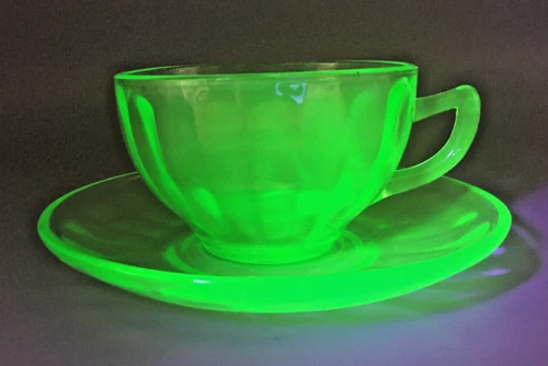 Green Depression Uranium Glass Federal Optic Panel Print Cup & Saucer Vintage
