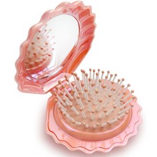 Foldable Travel Hairbrush with Mirror, Compact Mini Pocket Comb Pink
