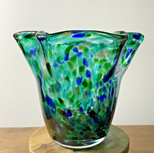 Hand Blown Glass Vase Green Blue Teal Confetti Ruffle Rim 6" Studio Art Glass