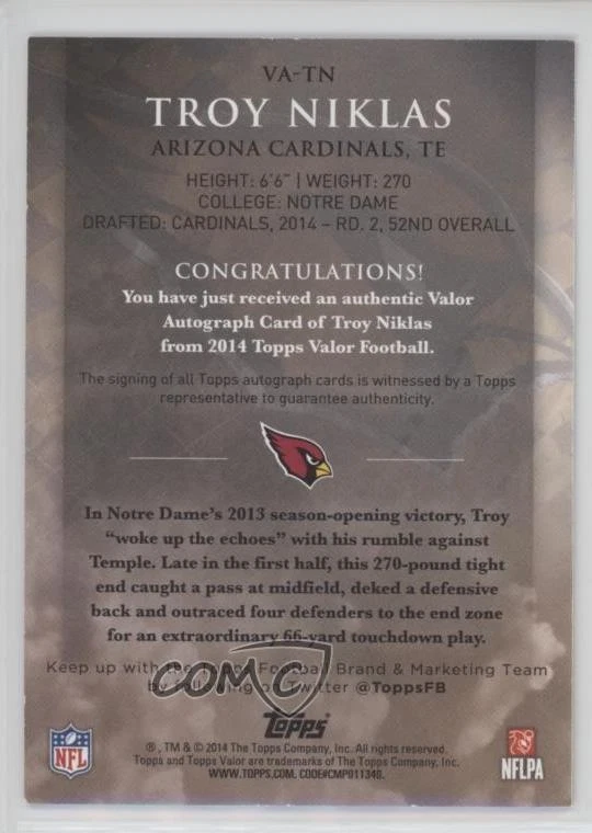 2014 Topps Valor Auto Courage /50 Troy Niklas #VA-TN Rookie Auto RC - Image 2 of 2