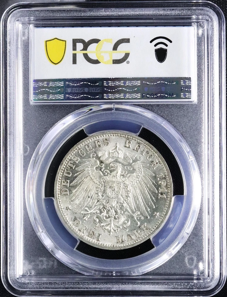 Kaiserreich Württemberg 3 Mark 1911 F Wilhelm Silberne Hochzeit PCGS MS65 - Bild 2 von 2
