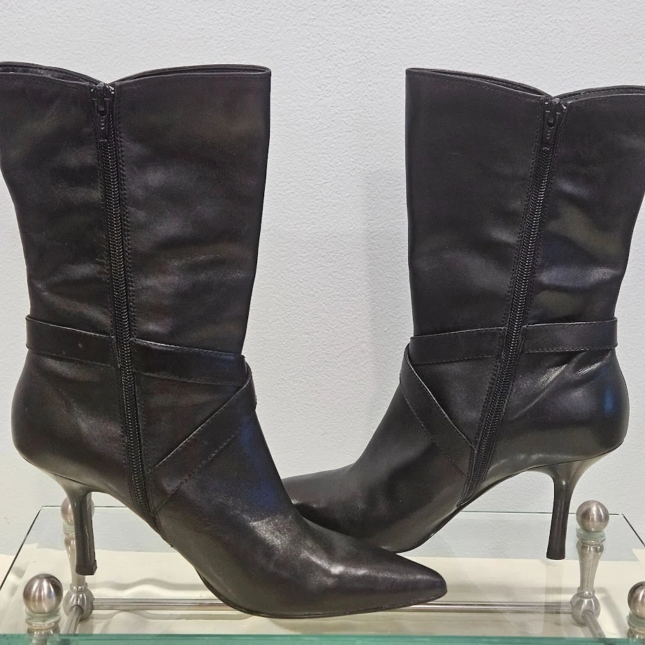 Botas Anne Klein Akdevane Vintage Cuero Negro Media Pantorrilla 7 1/2 M Retro City Chic Foto 4 de 4