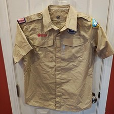 New Boy Scouts Of America Uniform Shirt Youth XL Beige Short Sleeve Patches