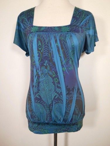 Beautiful Women's Medium Unity Blue Floral Paisley Short Sleeve Peasant Blouse