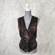 Unbranded Vintage Black Floral Print Button Front Waistcoat Vest | Women's M