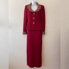St John Evening by Marie Gray 2pc Red Knit Skirt Suit Womens Size 2