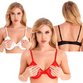 Women Sexy Lingerie Sheer Mesh Hollow Out Open Nipples Wireless Unlined Bra Tops