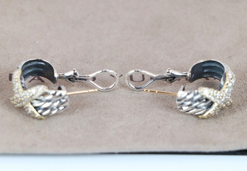 David Yurman Silver 18K Yellow Gold Diamond Cable X Crossover Omega Earrings - Picture 5 of 8