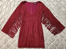 Lulus  Burgundy Faux Suede Fringe Sleeve Dress Sz M C47