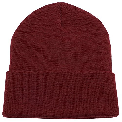 Unisex Cuffed Plain Skull Knit Beanie Hat in Burgundy One Size Fits All