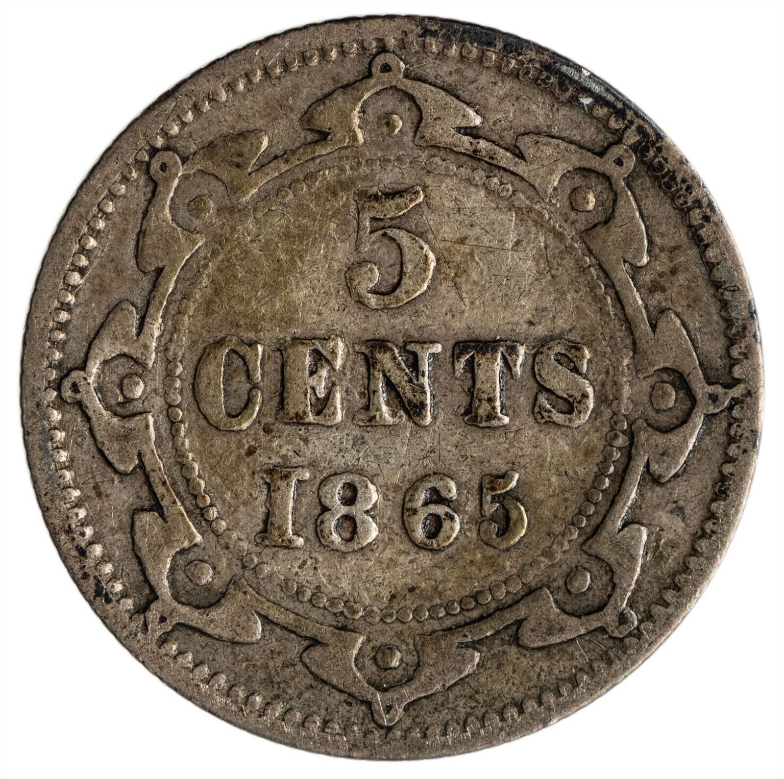 Canada. Newfoundland Semi Key Date 1865 Silver 5 Cents, 1.15 gr., 15.57 mm  KM-2