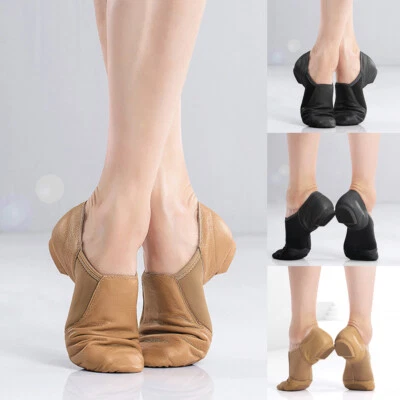 UK Womens Girls Slip On Jazz Dance Shoes Leather Split Irish Ballet Leotard Sole