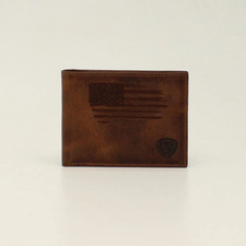 New Ariat Men's BROWN DISTRESSED USA FLAG BIFOLD WALLET w/ Shield logo Cash