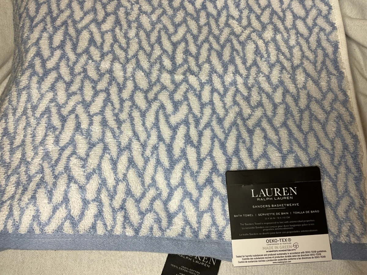LAUREN RALPH LAUREN BATH TOWEL SANDERS BASKET WEAVE BLUE COTTON 30