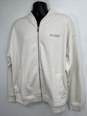 HUGO BY HUGO BOSS Men's Oversized French Terry Logo Ivory Full Zip