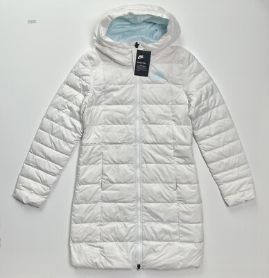 Damen Nike Daunenfüllung Kapuze Parka Mantel Jacke weiß blau Größe Small 854860-100