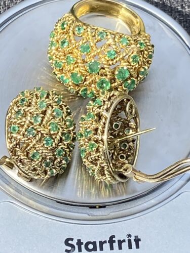 HUGE 14k Yellow Gold Emerald Earring Ring Vintage 